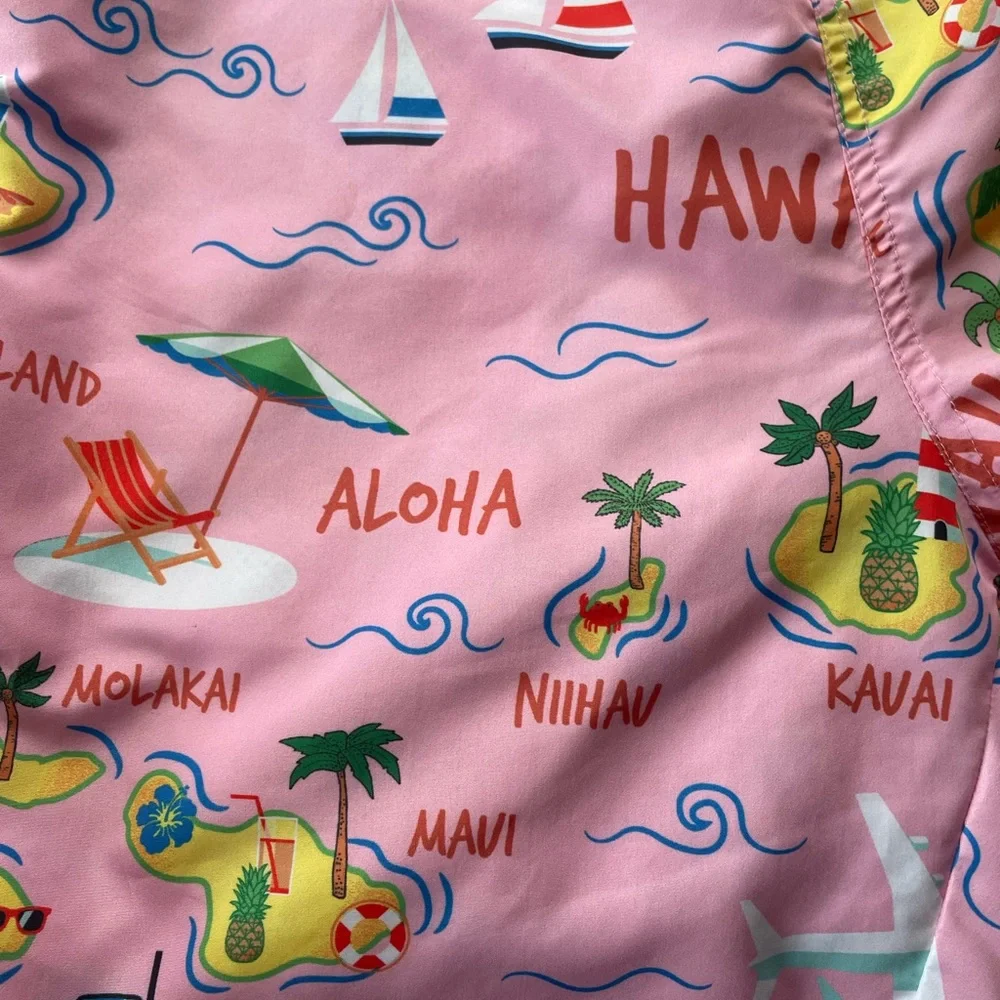 Edgar + Ash Men’s Swim Trunks. Pink with Hawaiian Theme. Size Medium